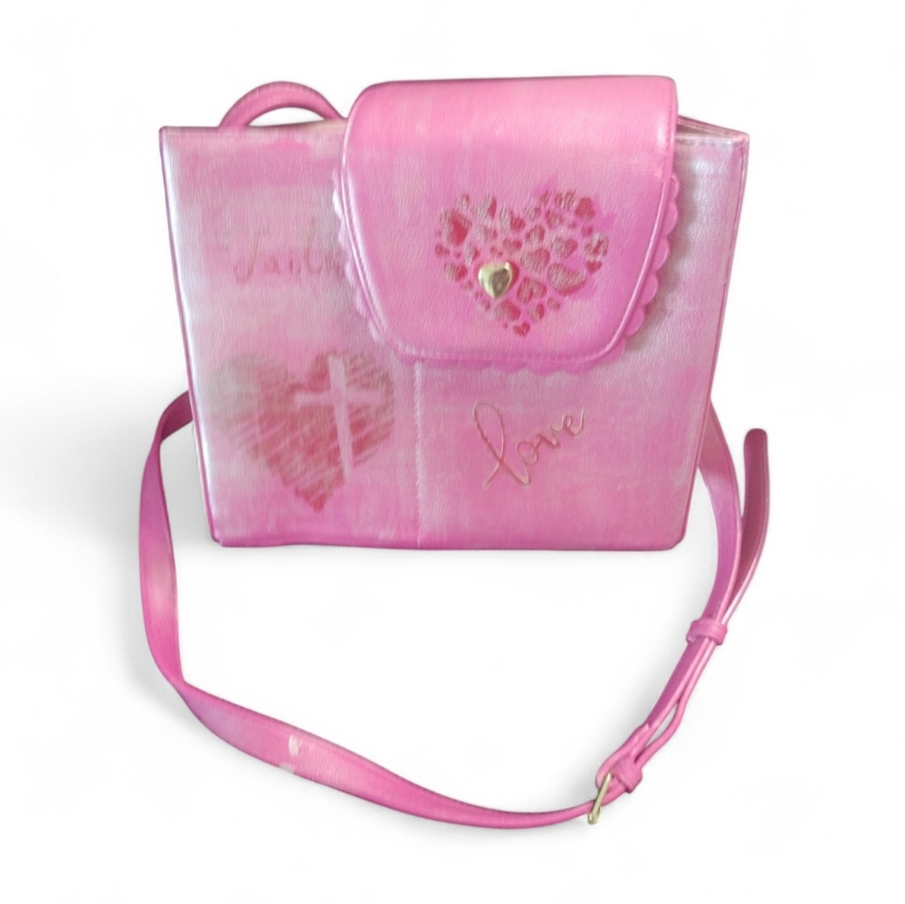 Pink Crossbody Cupholder Purse Metallic Silver Shimmer Inspirational Hearts